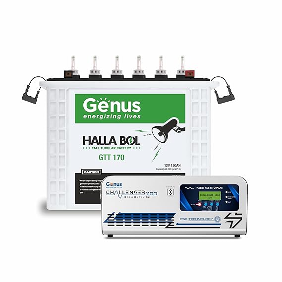 Genus Inverter with Battery Combo (Inverter: Challenger 1100 / Pure Sine Wave / 825VA / 12V / 2 Years Warranty || Battery: GTT170 / TT Battery / 150Ah / 60M (30 + 30) Warranty, Best for Home & Office.
